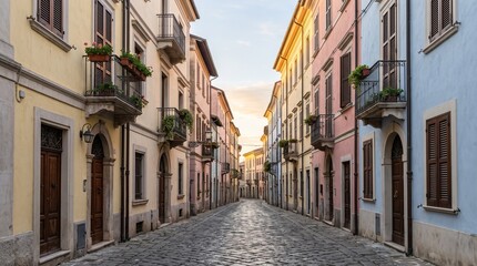 Fototapeta premium Narrow Cobblestone Street in a Picturesque European Town Featuring Colorful Pastel Buildings with Traditional Balconies and Shutters at Sunset