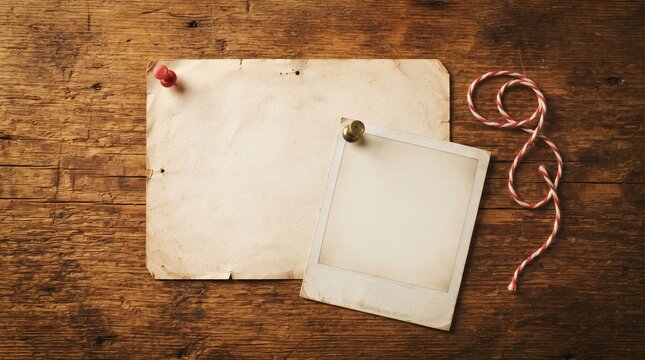 Blank vintage photo frame and aged paper note pinned on textured wooden background with vintage mockup polaroid template push pin twine string paper sheet old photograph wood texture