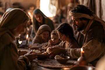 Fototapeta premium A family sharing a humble meal together in a rustic ancient setting with warm candlelight