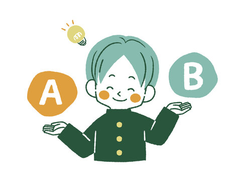 比較をしている笑顔の男子学生
