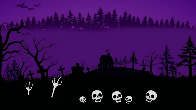 Spooky halloween graveyard scene with skulls and skeleton hands against a purple forest background
