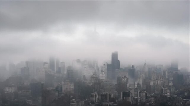 Cinematic Minimal Timelapse Background of Foggy Urban City Skyline with Layered Skyscraper Silhouettes, Gray Cloud Cover, Muted High Rise Architecture, Atmospheric Depth, Quiet Cityscape Mood