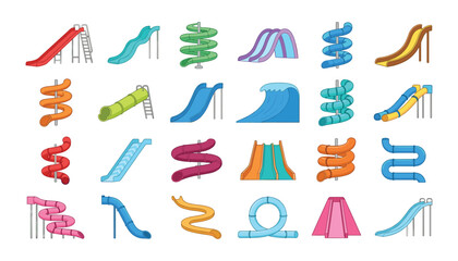 Fototapeta premium Colorful Water Slide Icon Set with Diverse Aquapark Chutes, Spiral Tubes, Waves, and Fun Splash Trajectories for Summer Pool Resort Graphic Designs