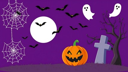 Fototapeta premium Halloween scene with pumpkin bats ghosts spider webs and full moon on purple background