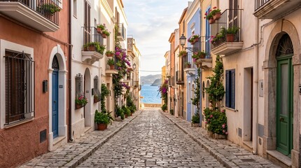 Fototapeta premium Picturesque cobblestone street in a traditional Mediterranean coastal village with colorful houses and flower balconies leading to the blue sea.