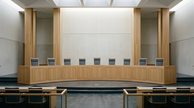 Empty Modern Courtroom With Judges Bench and Counsel Tables for Legal
