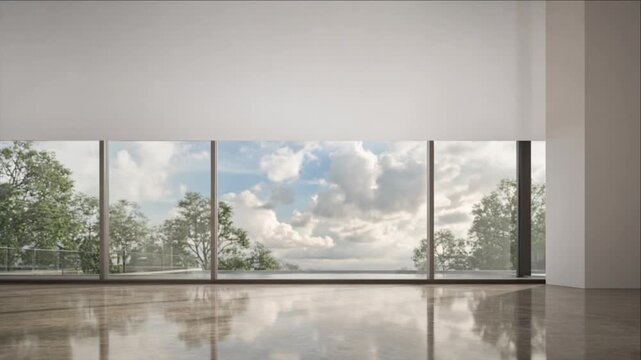 Cinematic minimal timelapse background, empty modern interior, polished reflective floor, panoramic window framing leafy tree, cloud filled sky, serene natural daylight, tranquil architectural scene
