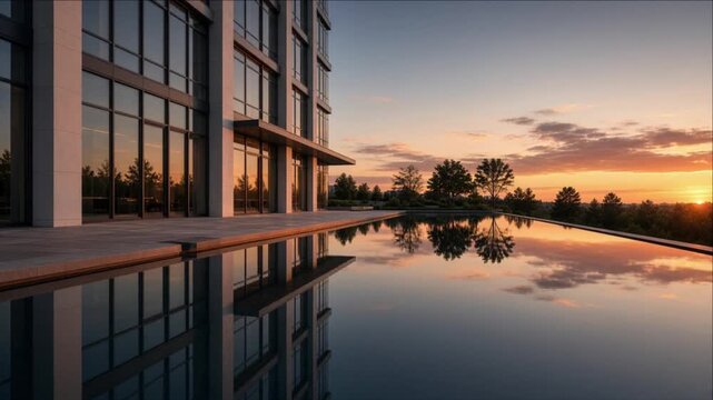 Modern Glass Building Reflective Pool Sunset Cinematic Minimal Timelapse Background Warm Light Calm Water Elegant Architecture Peaceful Luxury Atmosphere Rooftop View
