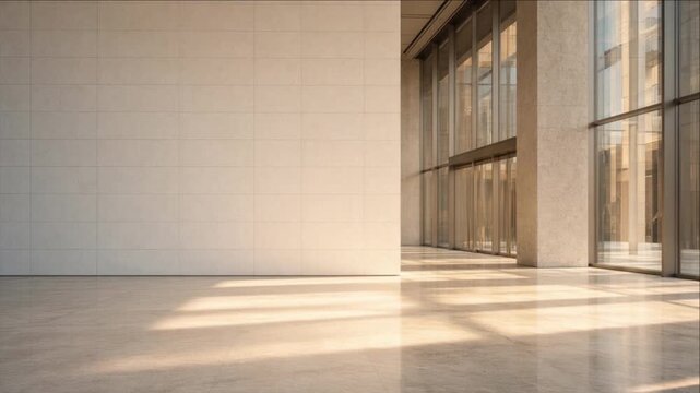 Cinematic Minimal Timelapse Background of Empty Modern Lobby Interior Architecture with Sunlight, Glass Walls, Geometric Shadow Patterns Polished Floor, Spacious Quiet Gallery Atmosphere for Design