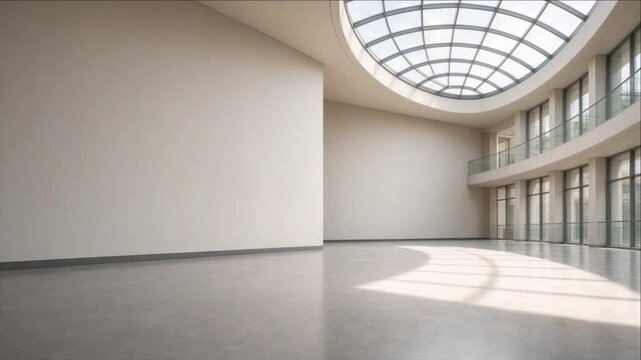 Cinematic Minimal Modern Interior Architecture Timelapse with Curved Glass Skylight, Railing, Polished Floor, Soft Daylight, Empty Atrium Gallery Space for Design Presentation