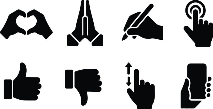 Black Solid Hand Gesture Icon Set Including Heart Shape, Praying Hands, Writing, Touchscreen Click, Thumbs Up and Down, Scroll Gesture, and Smartphone Holding for UI/UX Design Projects