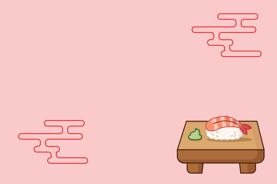Shrimp Sushi Illustration on Soft Pink Japanese Food Background