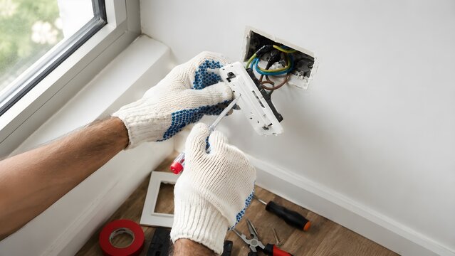 Professional Electrician Installing Electrical Wall Socket During Home Wiring