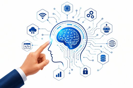 Human hand touching digital artificial intelligence brain interface icon
