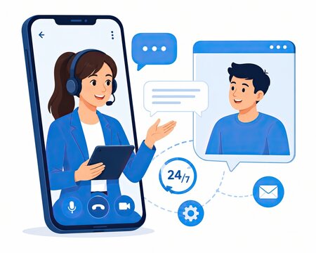 Customer support agent on smartphone screen providing online assistance