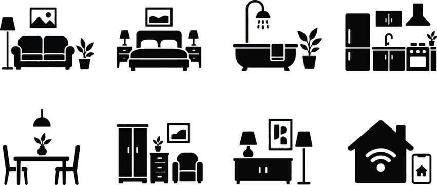 Modern Home Interior Icon Set: Minimalist Vector Graphics for Living Room Bedroom Kitchen Bathroom Dining Area Storage Furniture and Smart Home Technology for Interface Design Symbols