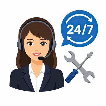 Woman customer service agent with headset and 24 7 support tools icon