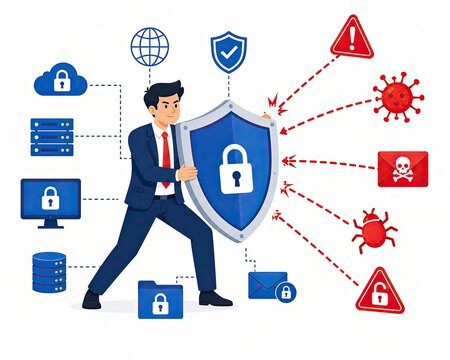 Businessman holding a digital shield protecting data from computer viruses
