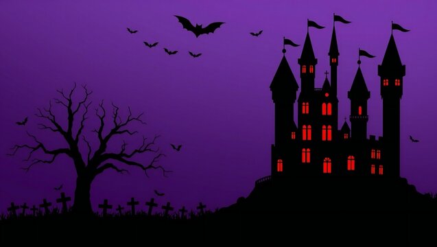Spooky haunted castle silhouette with bats flying over a graveyard at night with a purple sky background