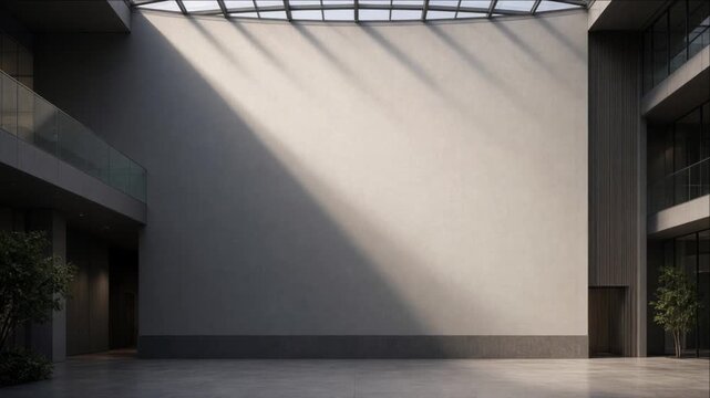 Cinematic minimal timelapse background modern architecture interior wall sunlight shadow across geometric courtyard creating calm spacious design scene for copy and visual presentation