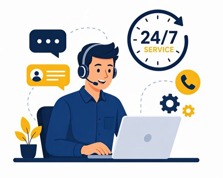 Customer support agent with headset working on laptop for 24 7 service