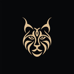 Fototapeta premium Golden lynx head logo vector icon, tribal wildcat or bobcat mascot line art