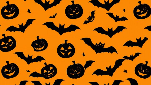 Seamless pattern with black jack o lantern pumpkins and flying bats on an orange background for halloween celebration design