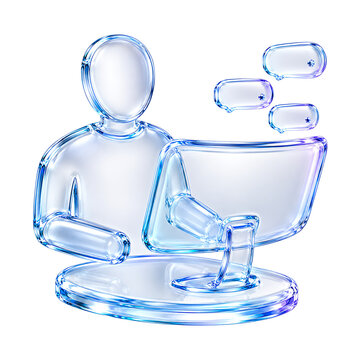 3D Crystal Glass Person Working on Computer with Chat Bubbles Isolated on Transparent Background