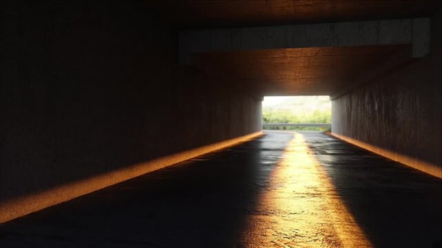 Cinematic minimal timelapse background of wet concrete tunnel underpass with golden sunlight, reflective pavement, bright rural landscape, dramatic contrast, quiet urban passage and atmosphere