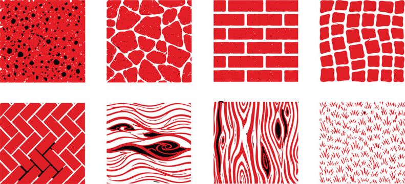Set of 8 High-Quality Red and White Hand-Drawn Vector Textures Featuring Wood Grain, Brick Wall, Terrazzo, Cobblestone, and Geometric Patterns for Creative Graphic Design and Backgrounds.