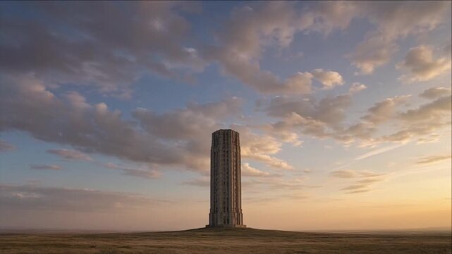 Tower landscape sunset cloud horizon sky cinematic minimal timelapse background featuring solitary architecture across vast barren coastal plain beneath layered clouds and warm evening light creating
