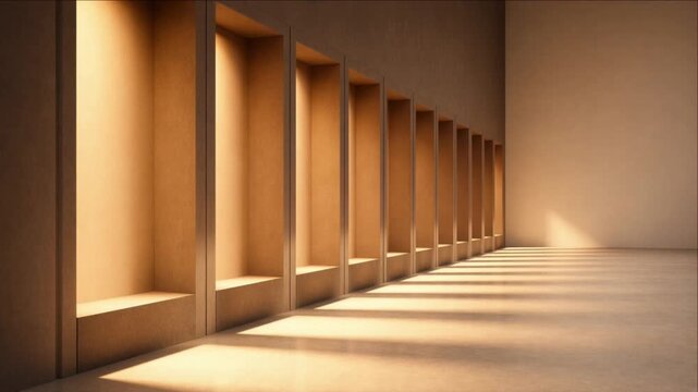Cinematic Minimal Timelapse Background Warm Architectural Alcove, Modern Interior Corridor, Geometric Wall Niches, Wooden Frames, Golden Sunlight, Rhythmic Shadow Patterns, Polished Floor