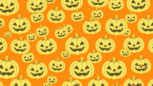 Seamless pattern with many scary halloween jack o lantern pumpkins on orange background