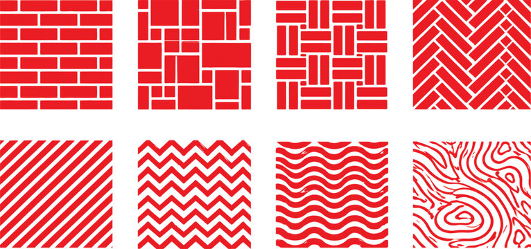Red and White Geometric Seamless Pattern Set - 8 Vector Textures Including Brick Bond, Herringbone, Chevron, Diagonal Stripes, Wavy Lines, and Abstract Wood Grain Backgrounds for Design