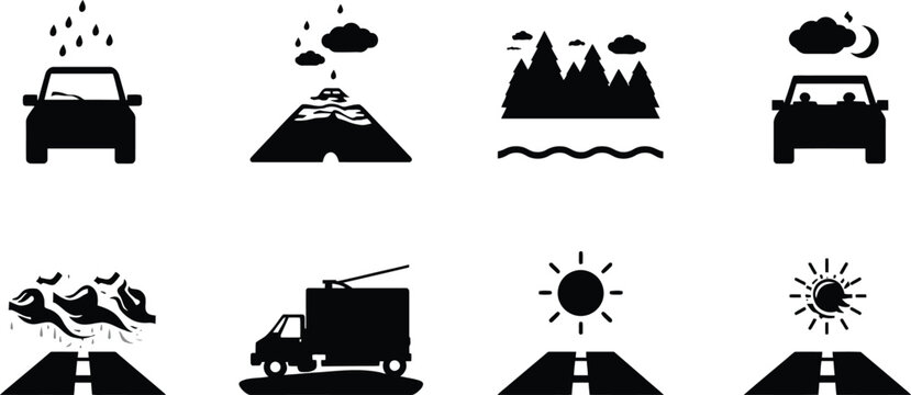 Black and White Vector Icon Set Featuring Various Road Conditions, Weather Scenarios, Driving Challenges, Natural Landscapes, and Transportation Symbols for Professional Graphic Design.
