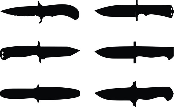Set of tactical knife silhouettes for combat, hunting, and survival gear designs. High-quality vector black knife shapes isolated on white for military, security, or outdoor projects.