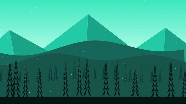 Animated winter landscape with mountains and trees