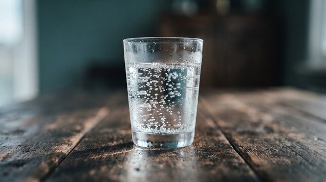 Glass of sparkling water on a rustic wooden table for sobriety awareness  