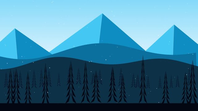 Snowy mountain landscape with falling snow vector animation