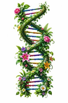 Colorful dna strand decorated with green vines and blooming flowers