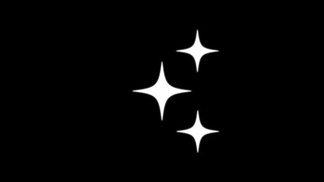 Sparkling twinkle star animation with white cartoon doodle stars, glowing starlight, glitter shine and blinking , effects, seamless looping motion graphics on a black background, 4K.