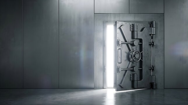 Open bank vault door revealing bright light in a secure steel room