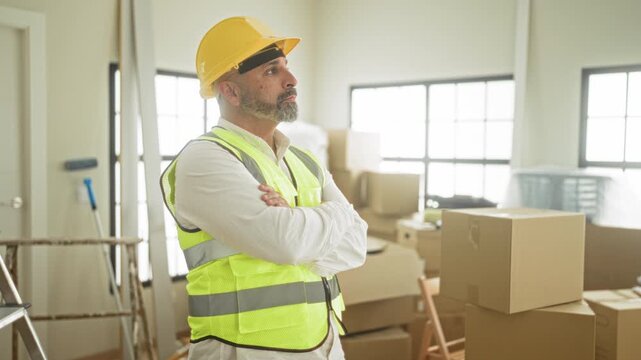 Man construction worker in yellow hardhat and high visibility vest crosses arms and smiles while overseeing renovation in a building; confidence professionalism.