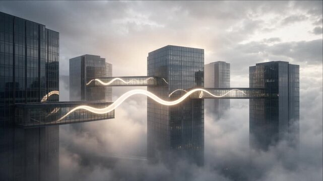 Cinematic minimal timelapse background featuring futuristic glass skyscraper architecture, illuminated building towers, elevated bridge and skybridge emerging through dense fog across dramatic urban