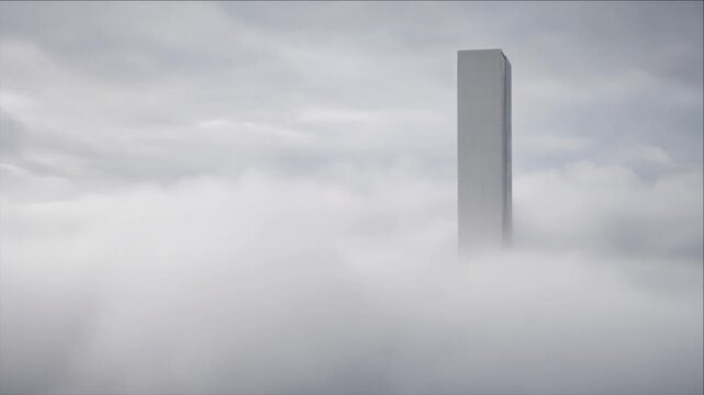 Cinematic minimal timelapse background featuring concrete gray monolith tower architecture emerging through dense fog beneath overcast sky, quiet urban mystery, atmospheric depth, dramatic modern