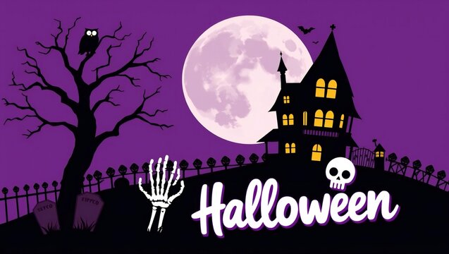Spooky halloween haunted house background with full moon skeleton hand and owl