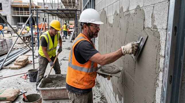 Construction workers applying cement plaster to a concrete block wall at a site