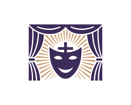 Religious theater logo design, a theatrical mask with a cross symbol inside a stage curtain frame