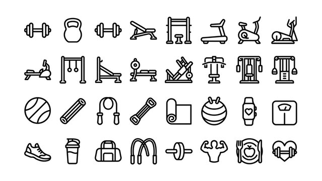 Collection of fitness and gym equipment icons isolated on transparent background
