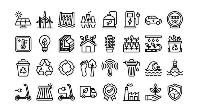Collection of eco friendly and sustainable lifestyle icons on transparent background